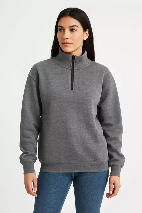 Kadın Üç İplik Dık Yaka Yarım Fermuarlı SweatShirt - Antrasit - Image 1