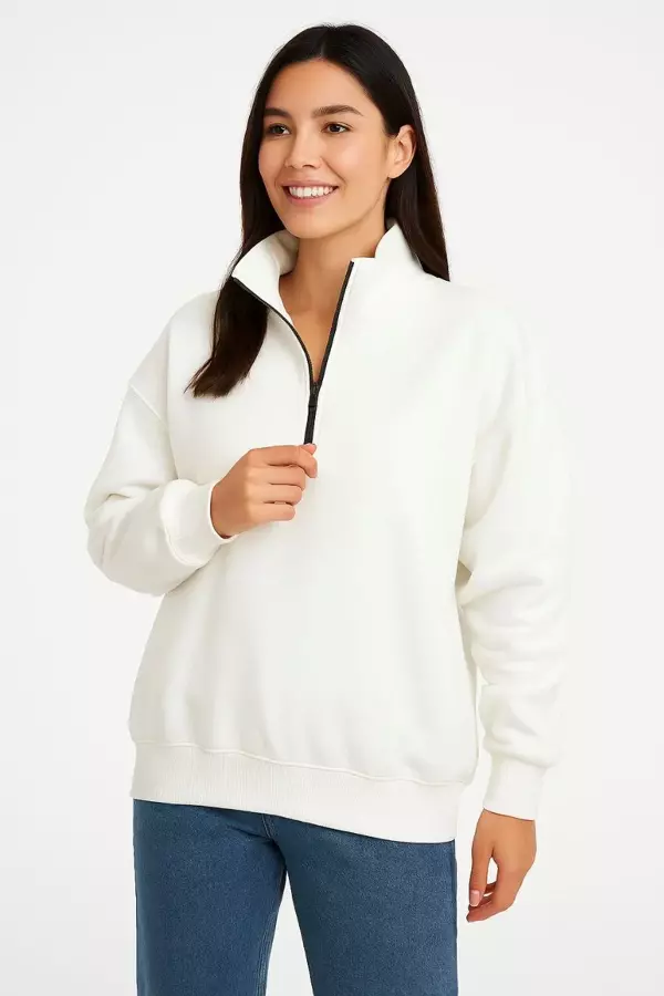 Kadın Üç İplik Dık Yaka Yarım Fermuarlı SweatShirt - Beyaz - Image 1