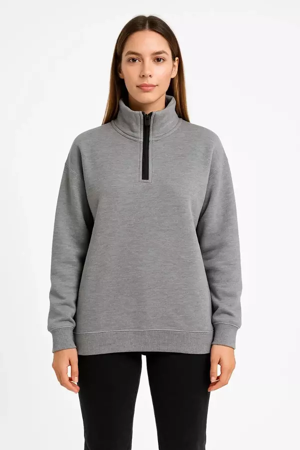 Kadın Üç İplik Dık Yaka Yarım Fermuarlı SweatShirt - Gri - Image 1