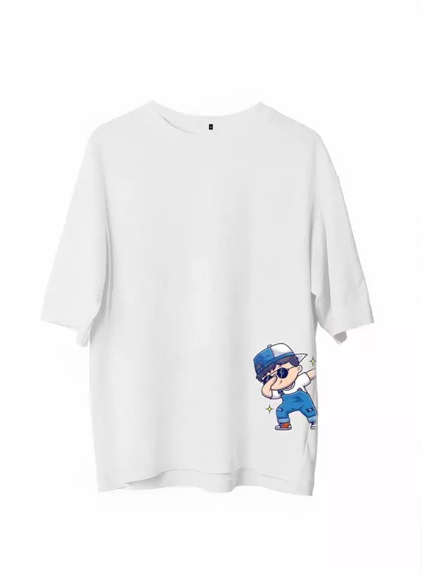 Unisex Bisiklet Yaka Baskılı Oversize T-Shirt - Beyaz - Image 1