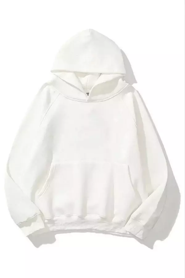 3 İplik Pamuklu Unisex Kapşonlu Sweetshirt - Beyaz - Image 1
