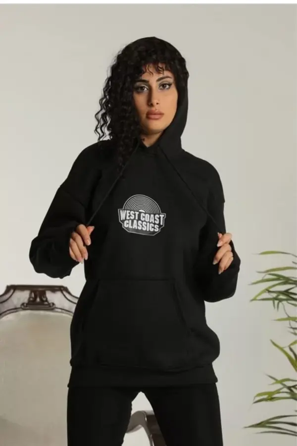 Unisex Sırt Baskılı Kapüşonlu Üç İplik Oversize Sweatshirt - Siyah - Image 1