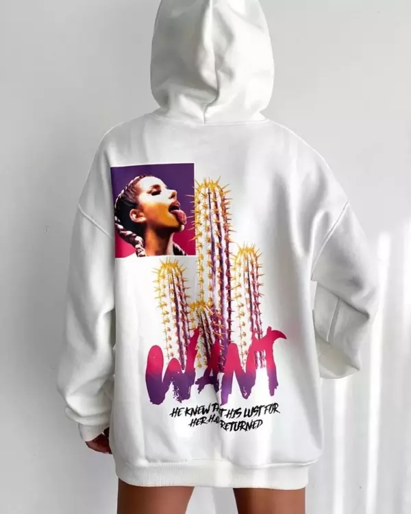 Baskılı Üç İplik Kapüşonlu Oversize Sweatshirt - Beyaz - Image 1