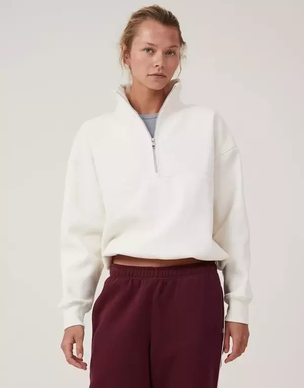 Oversize Yarım Farmuarlı Yakalı Basic SweatShirt - Beyaz - Image 1