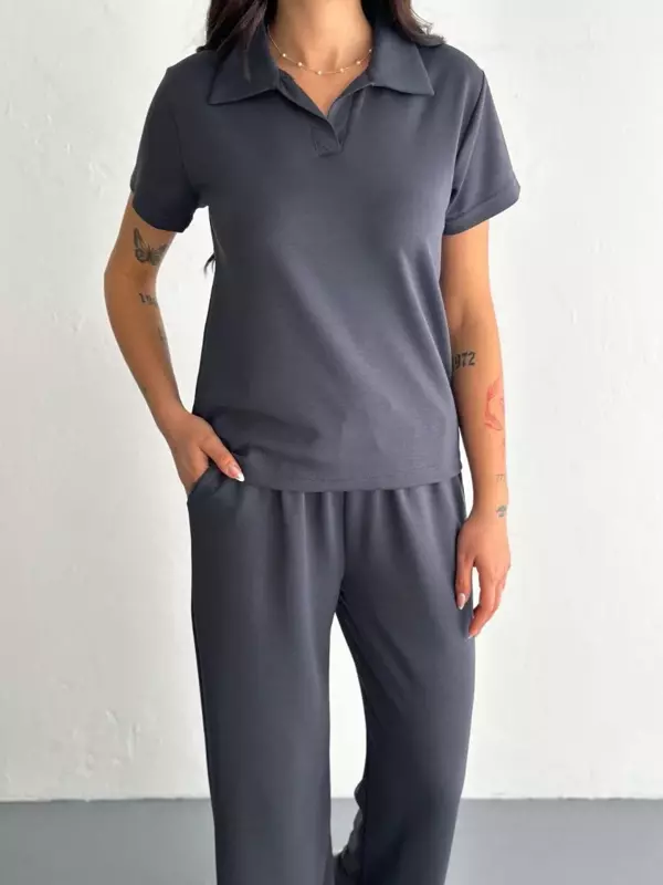 Osy Modal Yumuşak Dokulu Kumaş Kısa Kollu Yakalı T-shirt Pantalon ikili Takım- Antrasit - Image 1