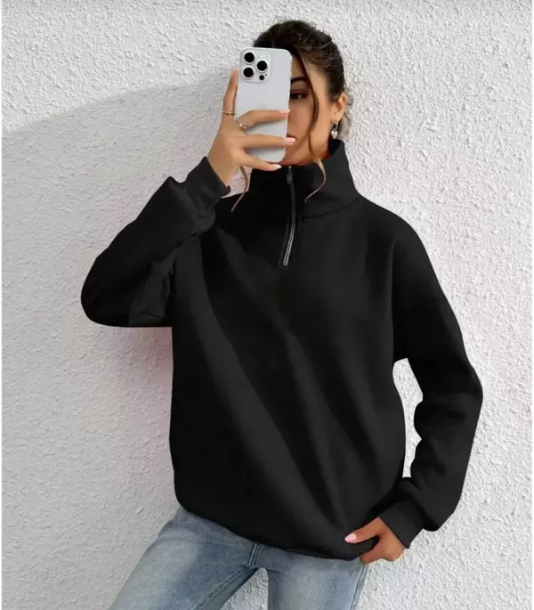 Unisex Uzun Kol Yarım Farmuarlı Yakalı Basic SweatShirt - Siyah - Image 1