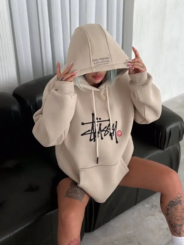 Üç İplik Kapşonlu Baskılı SweatShirt - Bej - Image 1