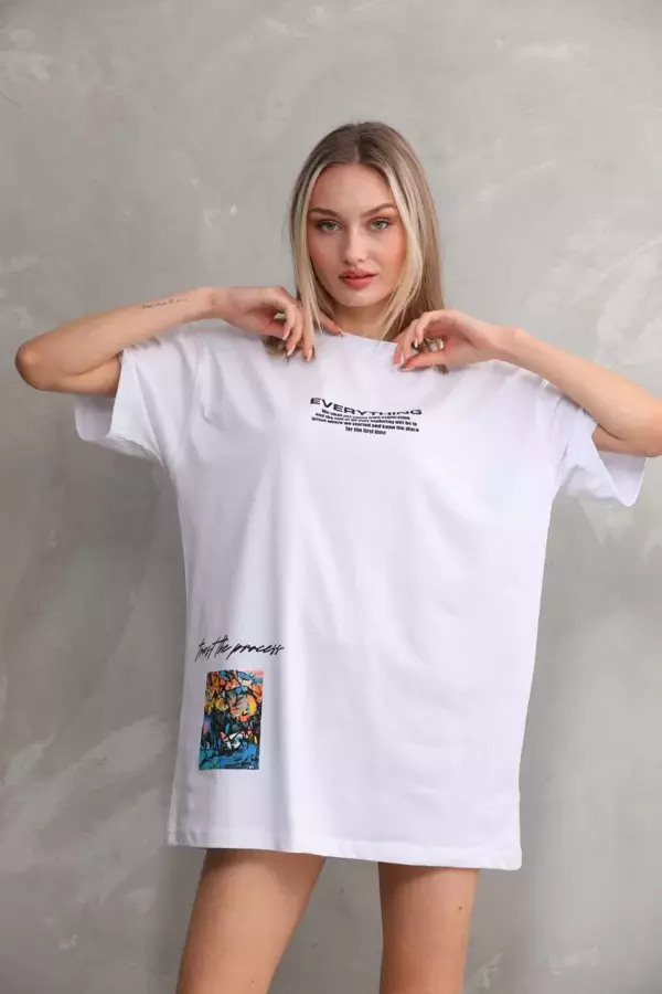 Unisex Bisiklet Yaka Baskılı Oversize T-Shirt - Beyaz - Image 1