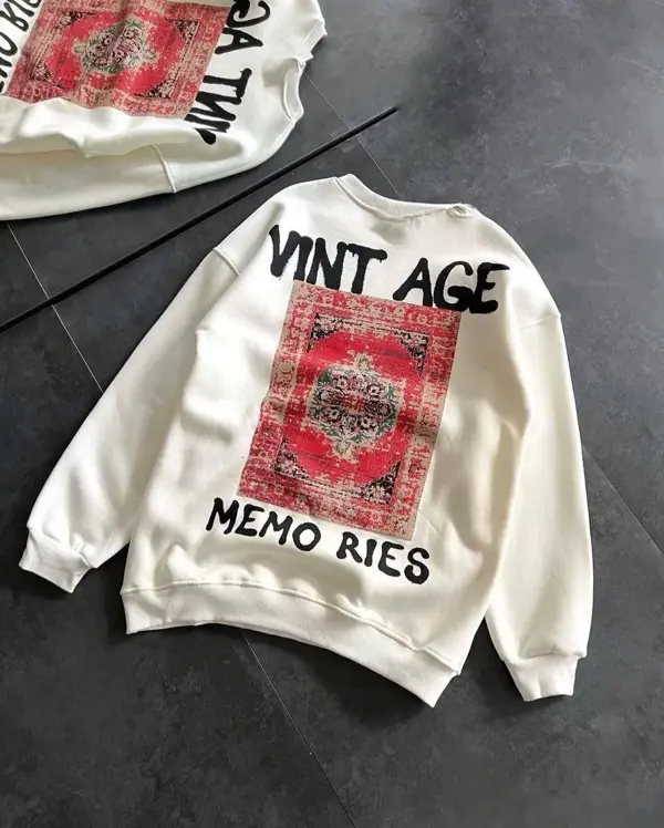Bisiklet Yaka Üç İplik Baskılı Oversize SweatShirt - Beyaz - Image 1
