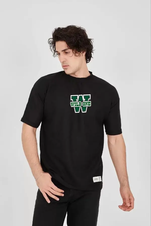 Unisex Waffle Kumaş Çift Katlamalı Kol Baskılı T-Shirt - Siyah - Image 1