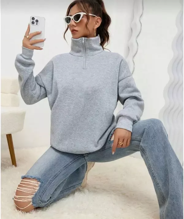 Unisex Uzun Kol Yarım Farmuarlı Yakalı Basic SweatShirt - Gri - Image 1
