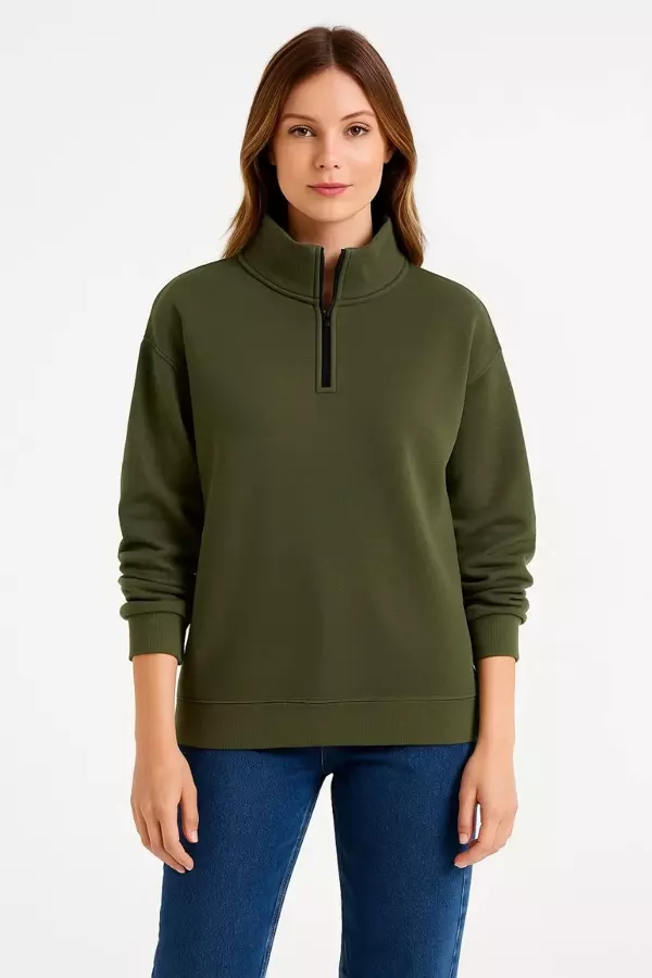 Kadın Üç İplik Dık Yaka Yarım Fermuarlı SweatShirt - Haki - Image 1