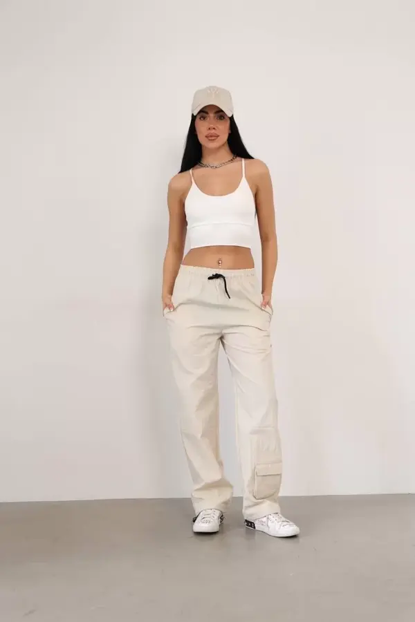 Paraşüt Kumaş Kargo Ceplı Baggy Eşofman- Bej - Image 1