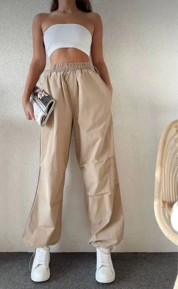 Kadın Cepli Paraşut Pantalon - Bej - Image 1