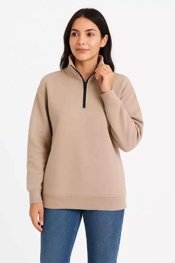 Kadın Üç İplik Dık Yaka Yarım Fermuarlı SweatShirt - Bej - Image 1
