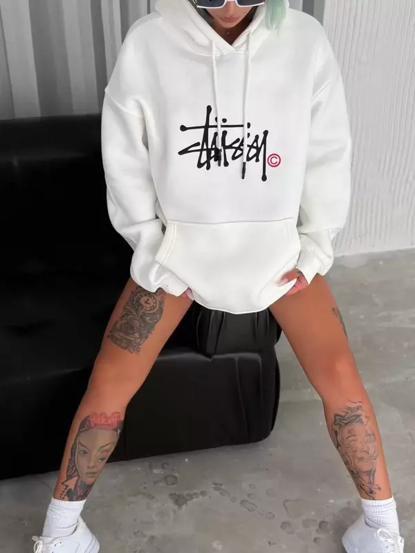 Üç İplik Kapşonlu Baskılı SweatShirt - Beyaz - Image 1