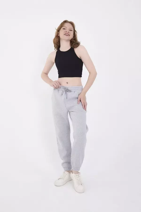 Üç İplik Basic Lastikli Eşofman Pantolon - Gri - Image 1