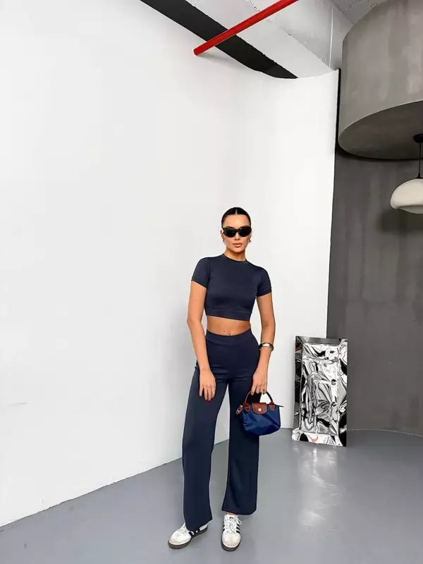 Osy Modal Yumuşak Dokulu Kumaş Kısa Kollu Crop Alt ispanyol Paça Pantalon ikili Takım - Füme - Image 1