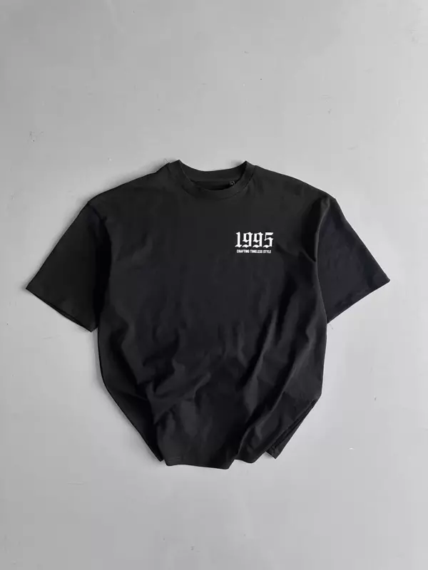 20/1 Penye Compack Baskılı Oversize Bisiklet Yaka Kısa Kol Yazlık T-shirt - Siyah - Image 1