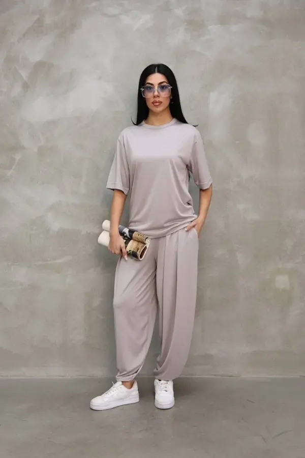 Osy Modal Yumuşak Dokulu Kumaş Oversize Bisiklet Yaka T-shirt Jogger Eşofman Altı Eşofman Takımı - Gri - Image 1