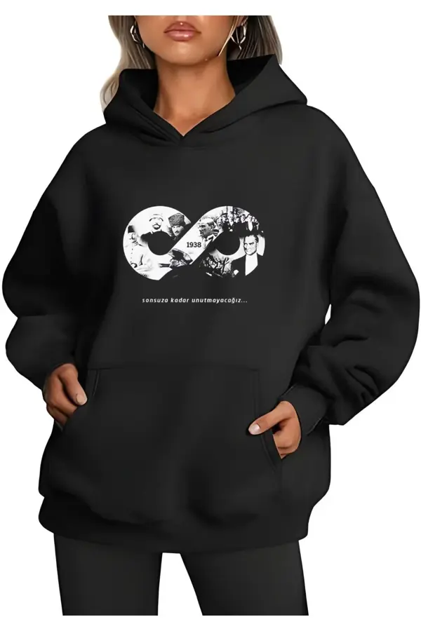 Üç İplik kapüşonlu 10 Kasıma Özel SweatShirt - Siyah - Image 1