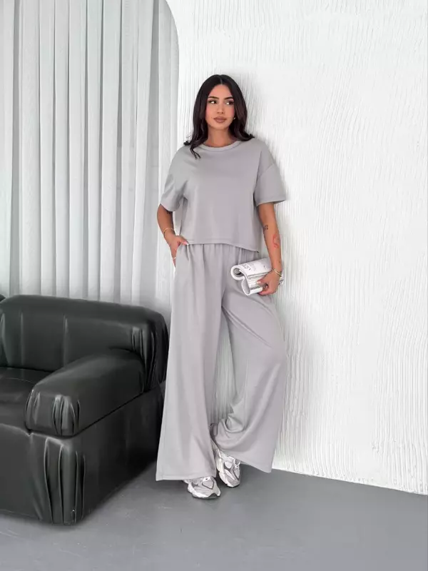 Osy Modal Yumuşak Dokulu Kumaş Bisiklet Yaka T-shirt Bol paça Pantalon ikili Takım - Boyalı Gri - Image 1