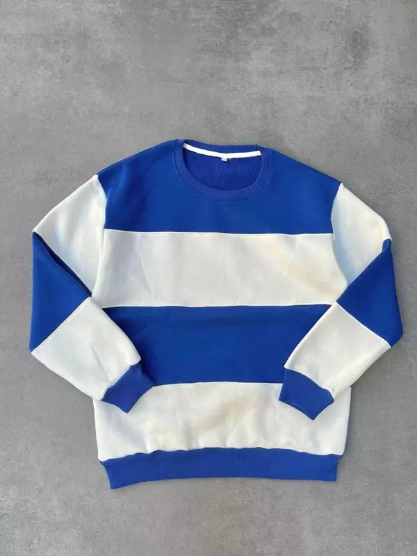 Parçalı Bisiklet Yaka Baskılı SweatShirt - Mavi - Image 1