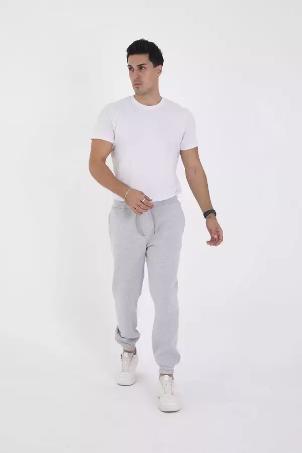 Unisex Kışlık Üç İplik Lastikli Eşofman Pantolon - Gri - Image 1