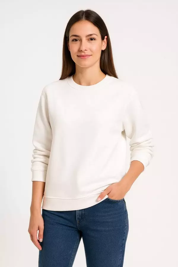Kadın Üç İplik Düz Bisiklet Yaka SweatShirt - Beyaz - Image 1