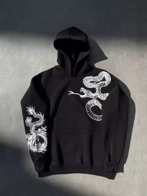 Uzun Kol Kapüşonlu Baskılı SweatShirt - Siyah - Image 1