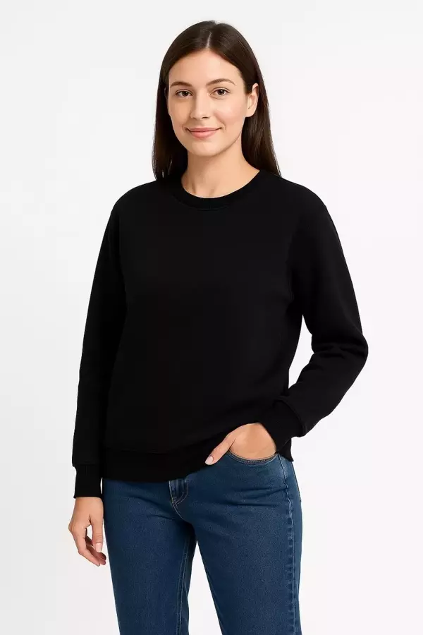 Kadın Üç İplik Düz Bisiklet Yaka SweatShirt - Siyah - Image 1
