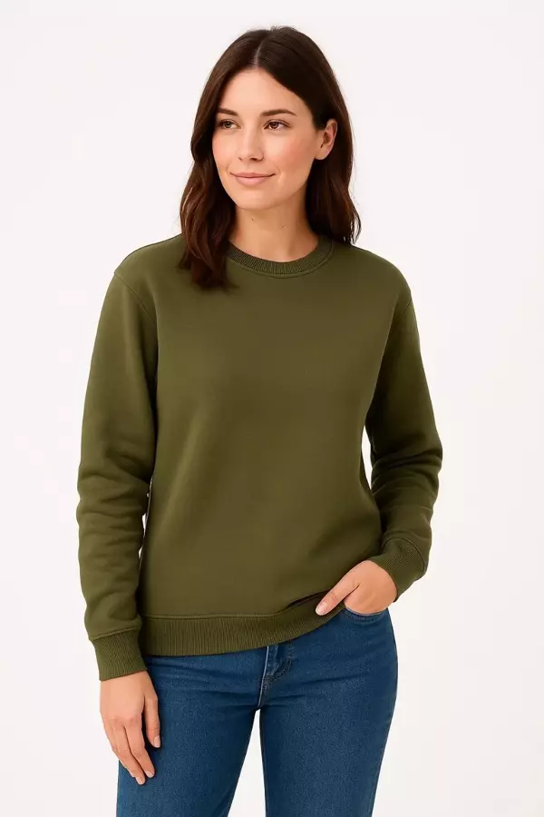 Kadın Üç İplik Düz Bisiklet Yaka SweatShirt - Haki - Image 1