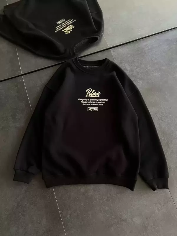 Kışlık Bisiklet Yaka Ön Ve Arka Baskılı SweatShirt - Siyah - Image 1