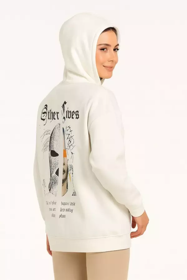 Kadın Üç İplik Kapşonlu ön ve Arka Baskılı SweatShirt hoodie- Beyaz - Image 1