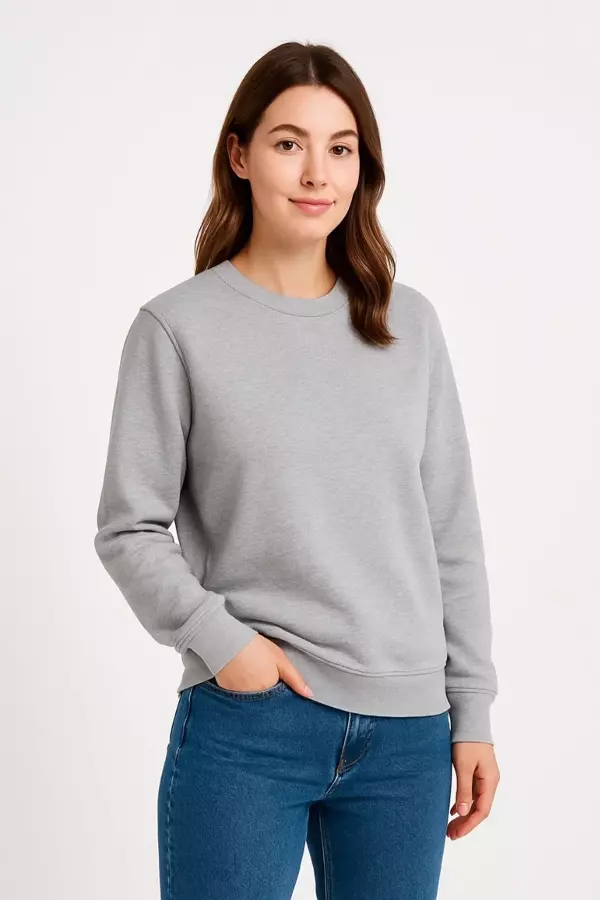 Kadın Üç İplik Düz Bisiklet Yaka SweatShirt - Gri - Image 1
