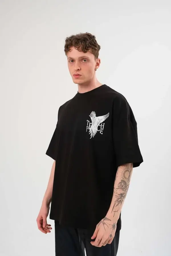 Unisex Bisiklet Yaka Baskılı Oversize T-Shirt - Siyah - Image 1