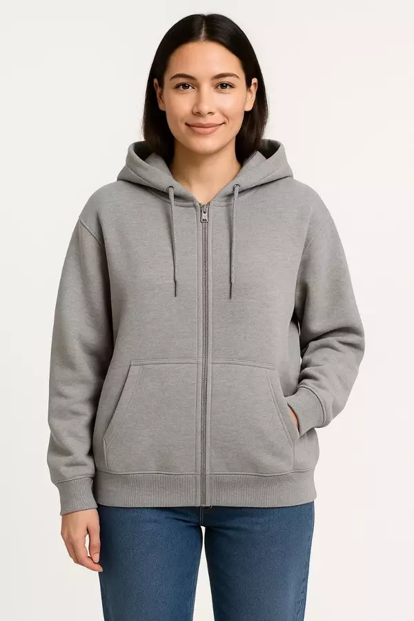 Kadın Üç İplik Kapüşonlu Tam Fermuarlı Kanguru Çepli SweatShirt Hoodie - Gri - Image 1