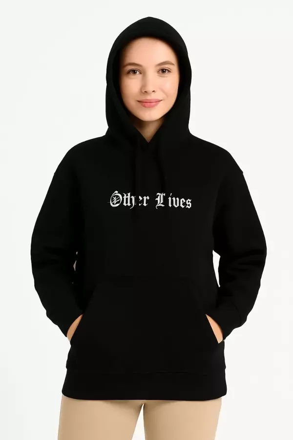 Kadın Üç İplik Kapşonlu ön ve Arka Baskılı SweatShirt hoodie- Siyah - Image 1
