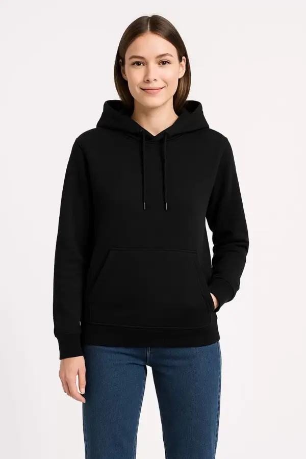Kadın Üç İplik Kapüşonlu Kanguru Çepli SweatShirt hoodie - Siyah - Image 1