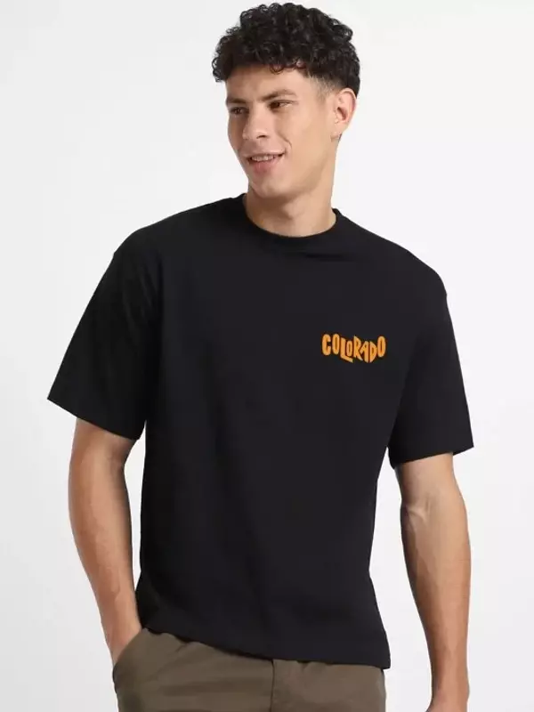 Erkek Baskılı Oversize T-shirt - Siyah - Image 1