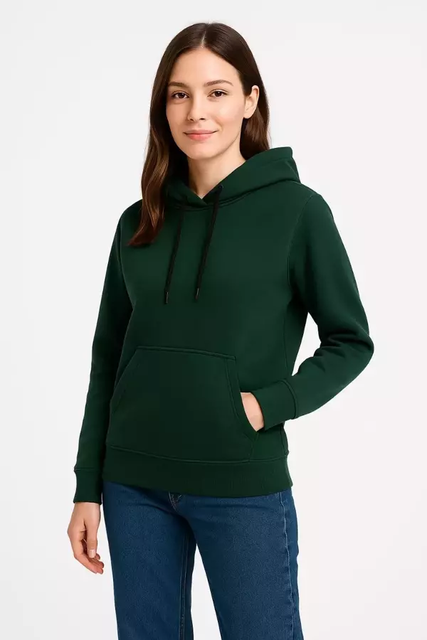 Kadın Üç İplik Kapüşonlu Kanguru Çepli SweatShirt hoodie - Haki - Image 1