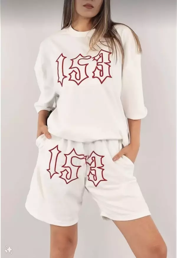 Kadın Unisex Nakış İşlemeli Şort Takım - Beyaz - Image 1