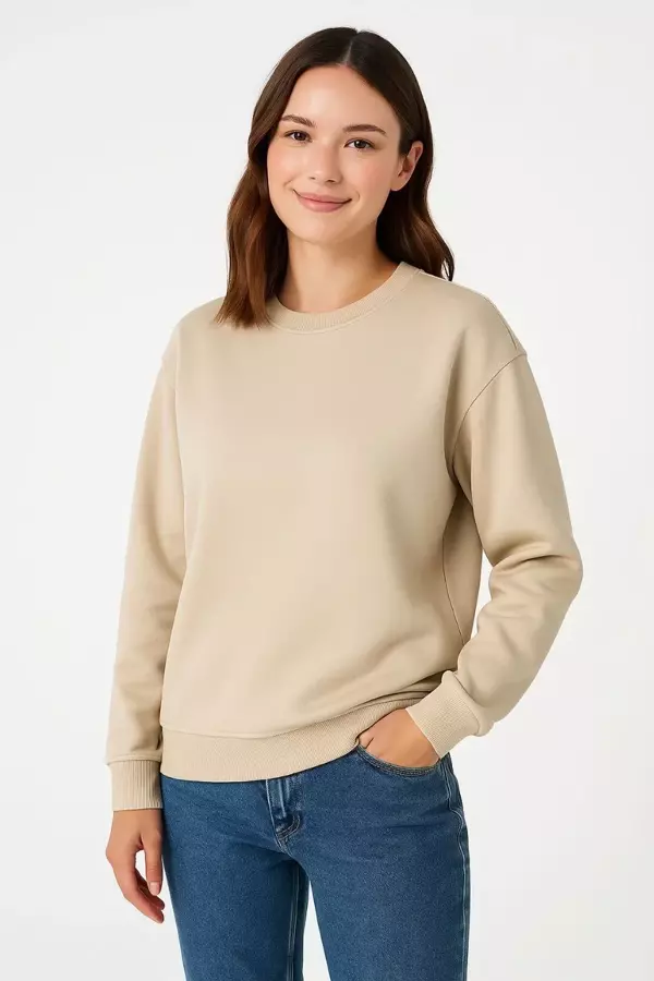 Kadın Üç İplik Düz Bisiklet Yaka SweatShirt - Bej - Image 1