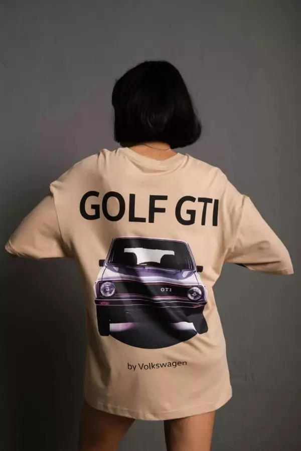 Kadın Sırt Golf Gtı Baskılı Oversize T-shirt - Bej - Image 1