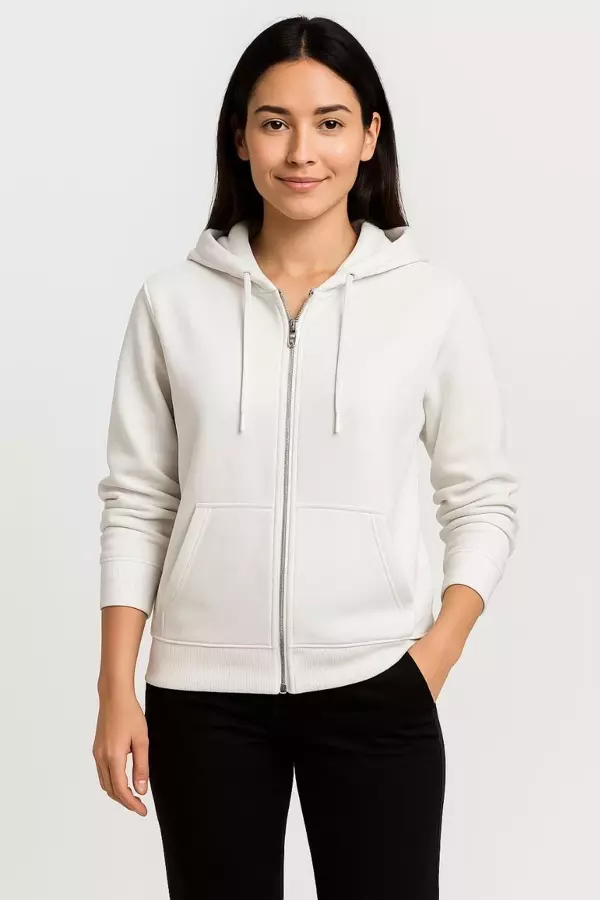 Kadın Üç İplik Kapüşonlu Tam Fermuarlı Kanguru Çepli SweatShirt Hoodie - Beyaz - Image 1