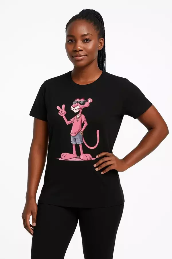 Kadın Bisiklet Yaka Kısa Kollu Baskılı T-shirt - Siyah - Image 1