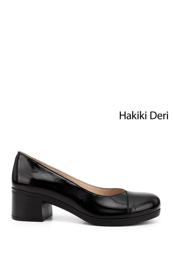 Kadın Siyah Rugan Kısa Kalın Topuklu Hakiki Deri Ayakkabı - Image 1