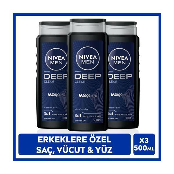 Nıvea MEN Erkek Deep Dimension Duş Jeli 500ml, 3ü1Arada Komple Bakım, Vücut Saç Yüz, Erkeksi Koku, X3Adet - Image 1