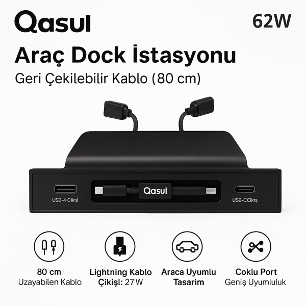 62W–Tesla Model 3/Y/S/X Uyumlu, USB-A + USB-C,80 cm Geri Çekilebilir Kablolu Araç Şarj İstasyonu - Image 1