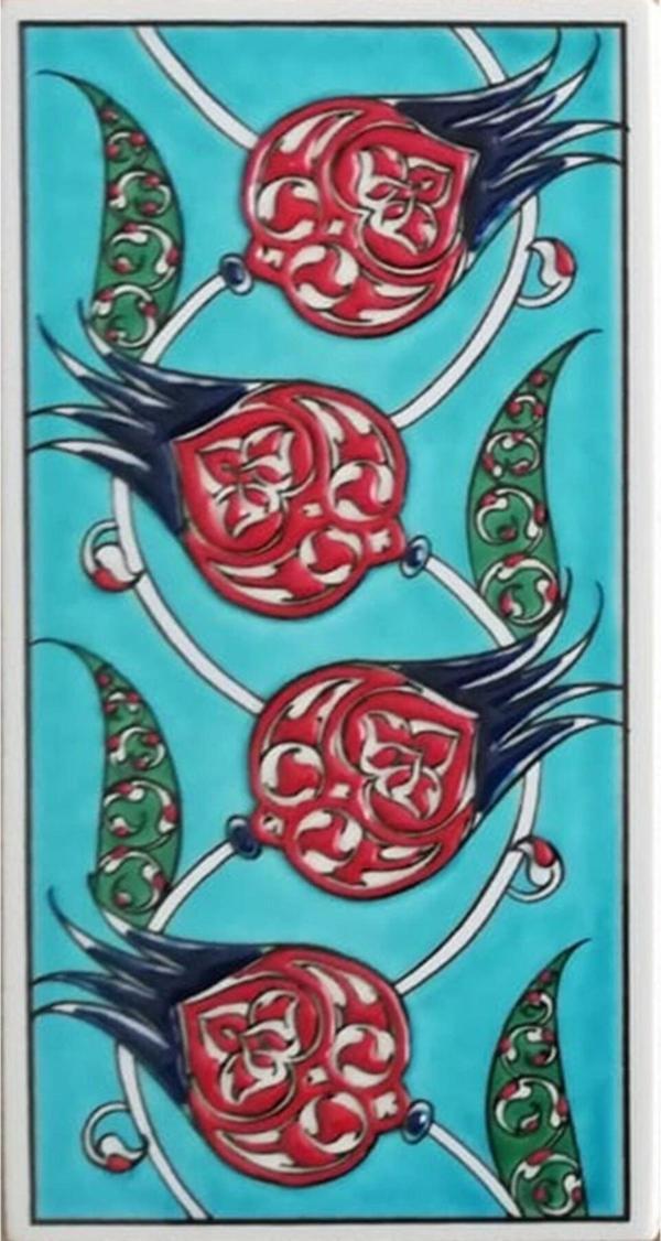 Armada Çini 10x20 Cm Ed 208 Yeşil Nar Çiçekli El Dekoru Çini Karo - Image 1